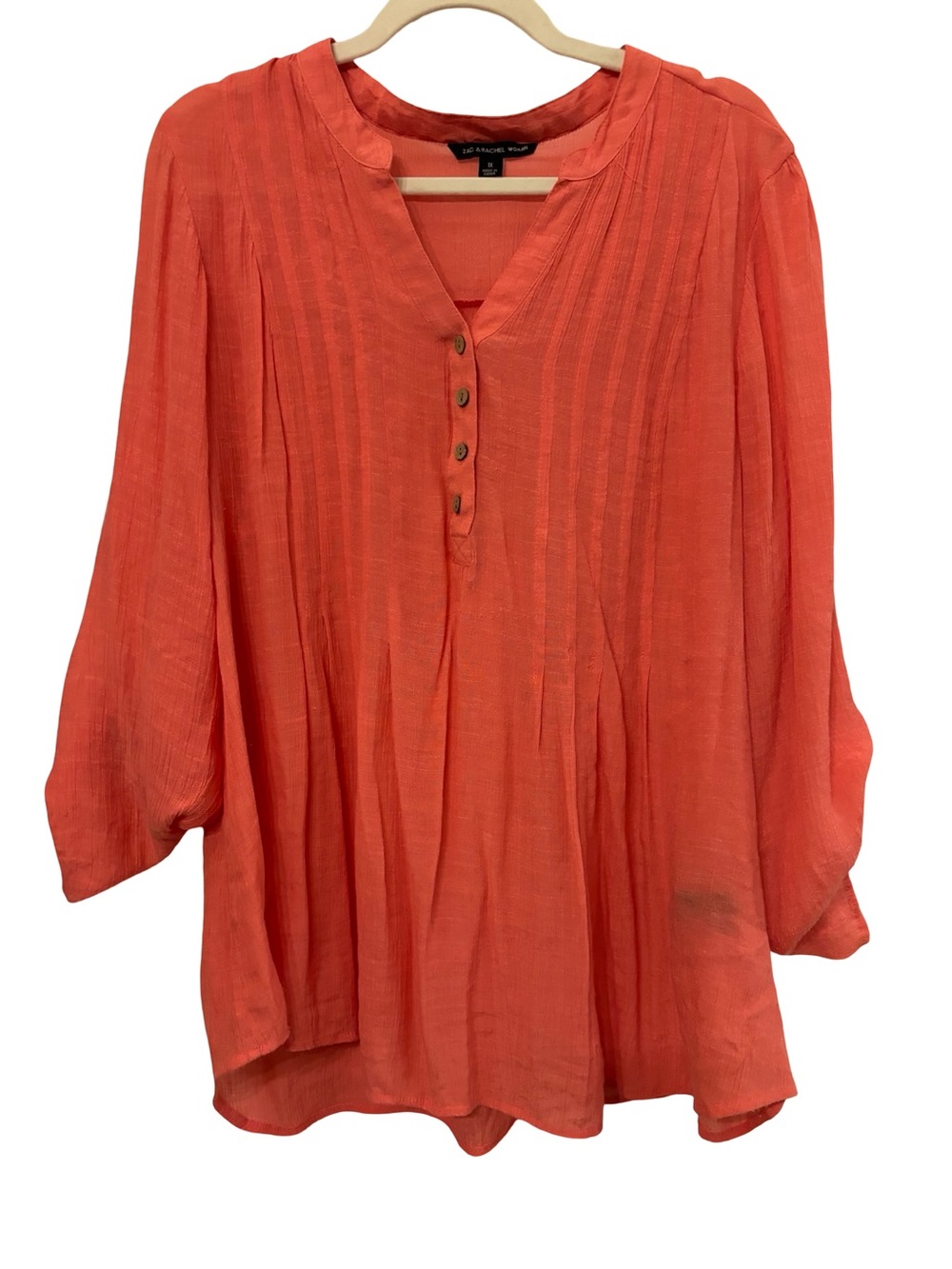 Zac & Rachel Coral Orange Pleated Button V-Neck Tunic